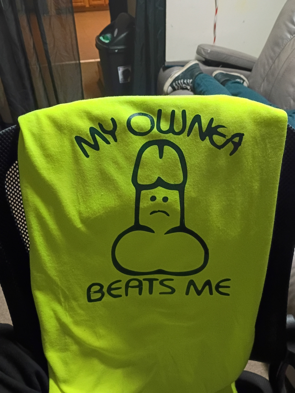 Graphic Neon Yellow Tee with Black Print "My Owner Beats Me"